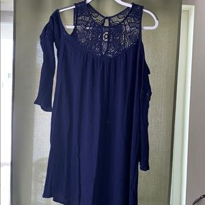 Navy blue dress with sleeves but open shoulders